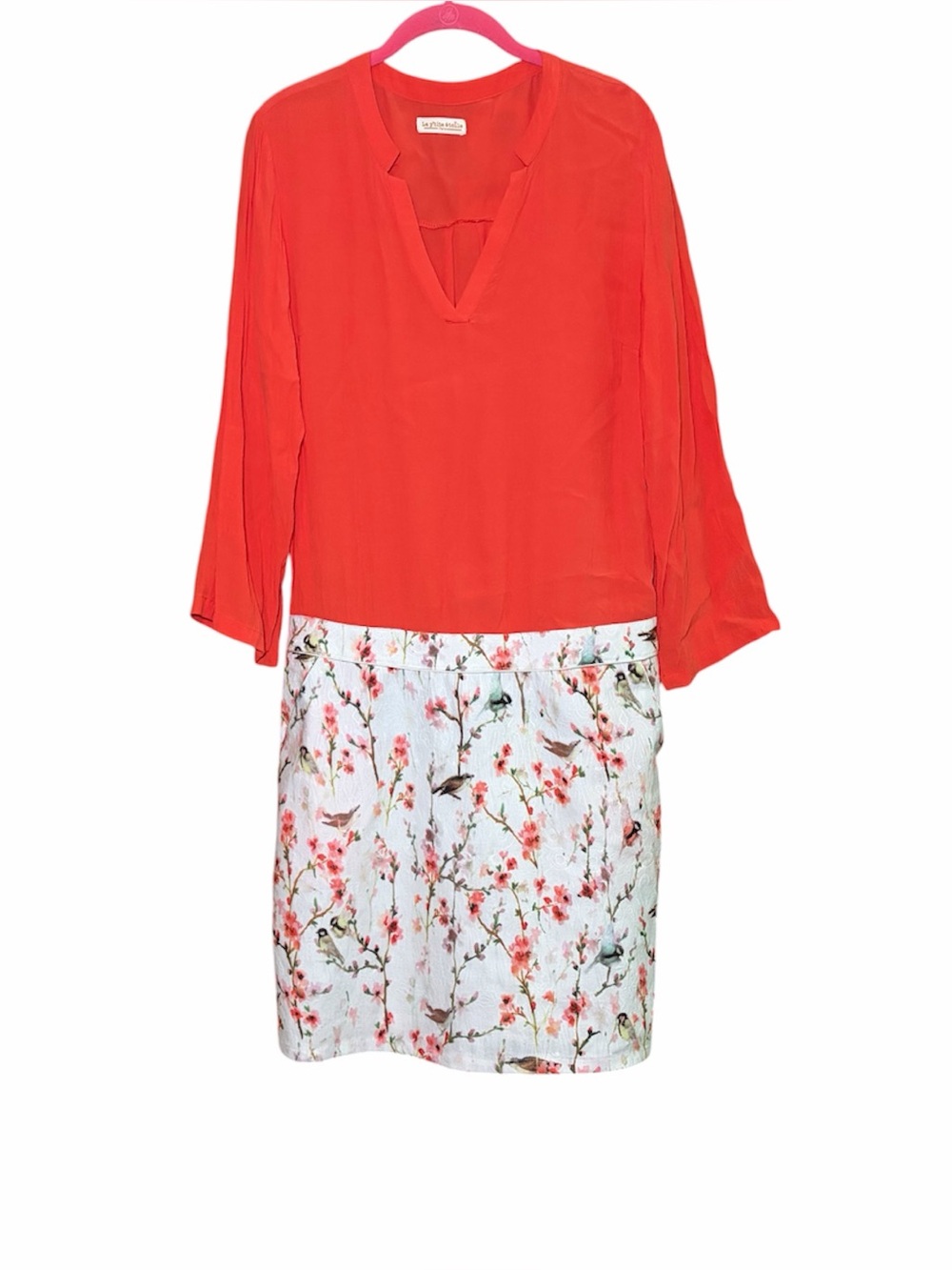 Parisian Bird Floral Drop Waist Dress Coral Pink Whimsical Cottagecore  L